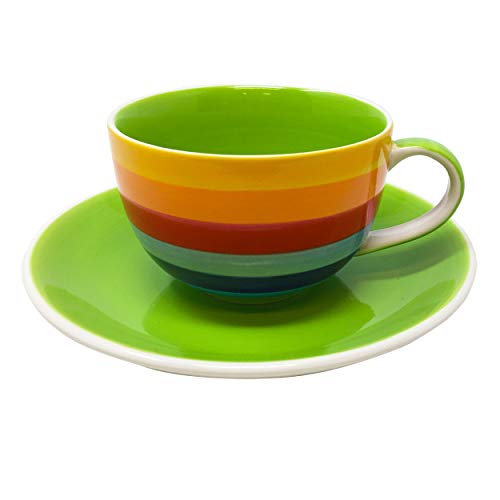 Taza y platillo de cerámica con diseño de rayas arcoíris para un gran desayuno de té o café ~ Extra grande