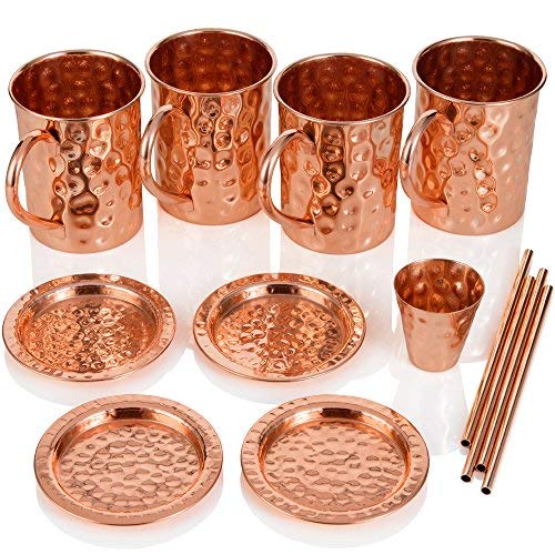 Tazas de Cobre de Moscow Mule Juego de Cuatro Incluye 4 x Tazas de 16 Onzas 4 x Posavasos 4 x Sorbetes 1 x Vaso/Copa de Shot en Caja de Regalo