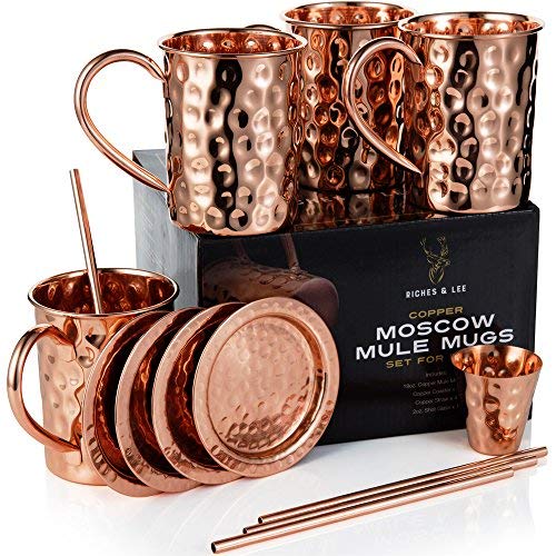 Tazas de Cobre de Moscow Mule Juego de Cuatro Incluye 4 x Tazas de 16 Onzas 4 x Posavasos 4 x Sorbetes 1 x Vaso/Copa de Shot en Caja de Regalo