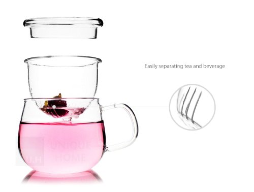 Tazas para infusiones (300 mililitros, 10 onzas) Taza de té con infusor y tapa - Té a granel Té de frutas flores hibisco Taza para té Colador Filtrar Vidrio templado Borosilicato Novedad hecha a mano Regalo de pareja - Olvera Unihom