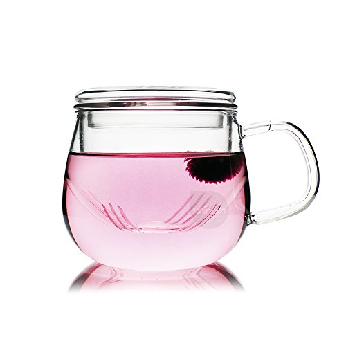 Tazas para infusiones (300 mililitros, 10 onzas) Taza de té con infusor y tapa - Té a granel Té de frutas flores hibisco Taza para té Colador Filtrar Vidrio templado Borosilicato Novedad hecha a mano Regalo de pareja - Olvera Unihom