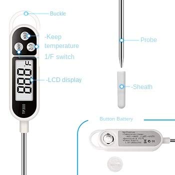 Termómetro De Cocina, Termómetro Para Carne, Termómetro Digital Multifunción Con Función De Lectura Instantánea, Sonda Larga, Pantalla LCD Retroiluminada, Ideal Para Alimentos/Barbacoa/Leche/Dul