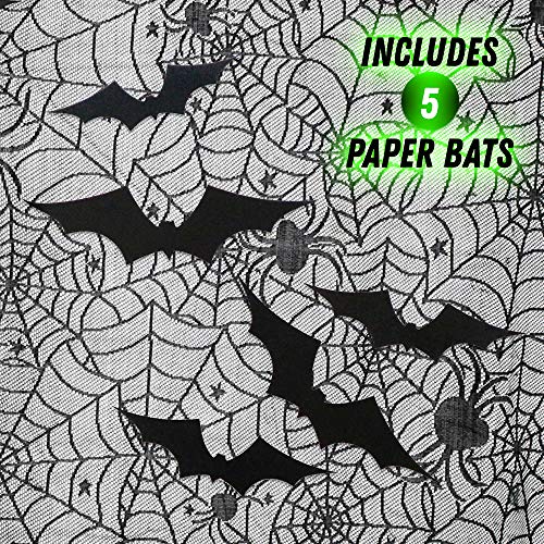 THE TWIDDLERS Mantel Negro Gótico de Telarañas - Tela de Calidad, Incluye 5 Murciélagos Colgantes Eventos de Halloween, Fiestas, Decoración