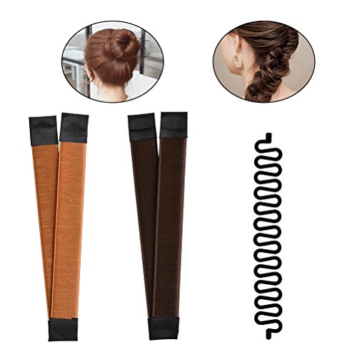 TIMESETL 2pcs Pelo Moño Maker y 1pc Moda Pelo Trenzado Fibra Sintética Moño Alto Herramienta Mágica DIY Twist Pelo de Peinado Marrón y Golden