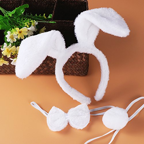 Tinksky Bunny Cosplay Set accesorio de disfraz de conejo Cute Ears diadema cola pajarita para disfraz de fiesta Cosplay, paquete de 3 (blanco)