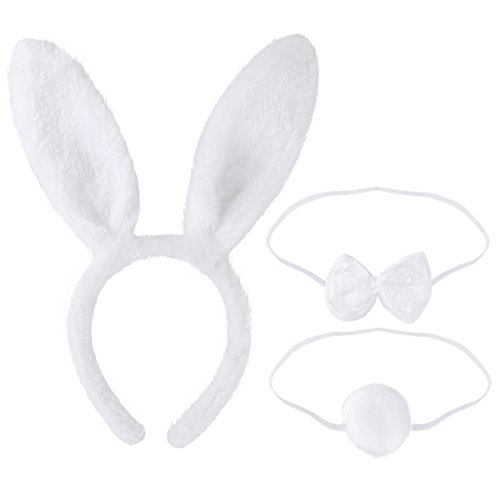 Tinksky Bunny Cosplay Set accesorio de disfraz de conejo Cute Ears diadema cola pajarita para disfraz de fiesta Cosplay, paquete de 3 (blanco)