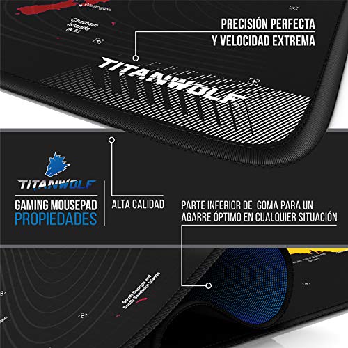 TITANWOLF - Alfombrilla de Ratón XXL 900x400mm - Mouse Pad Gaming XXL – Motivo Mapamundi Rojo - Precisión y Velocidad en Juegos - Antideslizante - Superficie de Tejido - para Ratón y Teclado