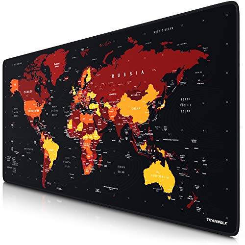 TITANWOLF - Alfombrilla de Ratón XXL 900x400mm - Mouse Pad Gaming XXL – Motivo Mapamundi Rojo - Precisión y Velocidad en Juegos - Antideslizante - Superficie de Tejido - para Ratón y Teclado