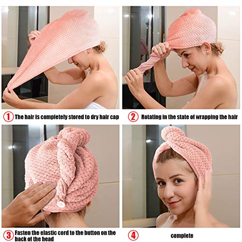 Toallas de Baño, 2 pcs Turbante del Abrigo de Pelo Secado Rápido de Microfibra Suave Absorbentes de Agua Pelo Seco Capucha Bañera Ducha Toalla Turbante con Botón (Marrón & Rosado)