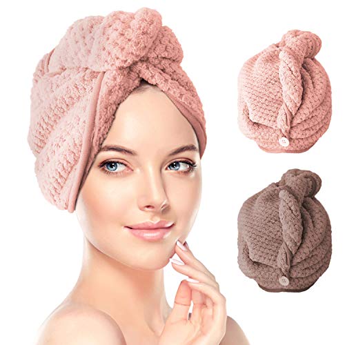 Toallas de Baño, 2 pcs Turbante del Abrigo de Pelo Secado Rápido de Microfibra Suave Absorbentes de Agua Pelo Seco Capucha Bañera Ducha Toalla Turbante con Botón (Marrón & Rosado)