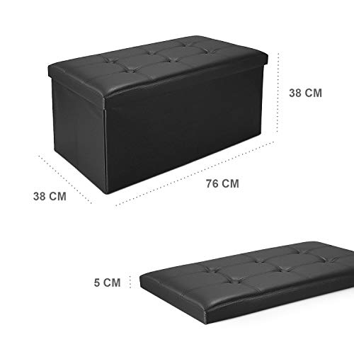 Todeco - Almacenamiento Banco, Almacenamiento Otomano Plegable de Cuero - Carga máxima: 150 kg - Material: Imitación de Cuero - Acabado Cosido y copetudo, 76 x 38 x 38 cm, Negro