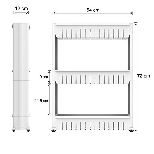 Todeco - Estante con Ruedas, Estantería de Almacenamiento con Ruedas - Material: Plástico - Peso: 1,79 kg - 3 compartimientos, 78 x 54 x 12 cm, Blanco