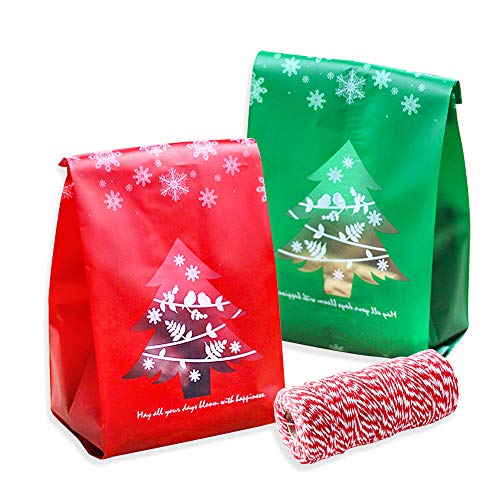 Tomkity 100pz Bolsas de Regalo Navidad para Dulces e Galletas 2 Estilo Rojo y Verde con 100M Cordel 9,5cm*20cm*6,5cm