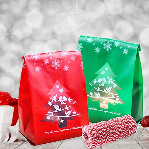 Tomkity 100pz Bolsas de Regalo Navidad para Dulces e Galletas 2 Estilo Rojo y Verde con 100M Cordel 9,5cm*20cm*6,5cm