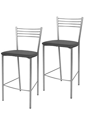 Tommychairs - Set 2 taburetes Elena para Cocina y Bar, con Estructura en Acero Pintado Color Aluminio y Asiento tapizado en Polipiel Color Gris Oscuro