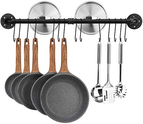 Toplife - Barra de cocina industrial de 80 cm para colgar en la pared, cocina, soporte de maceta de hierro con 14 ganchos para utensilios de cocina