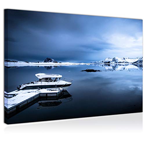 Topquadro Cuadro Imagen sobre Lienzo 70x50cm, Islas Lofoten Noruega, Barco y Yate, Lago Congelado, Invierno y Nieve - Decoración de Pared - Una Pieza