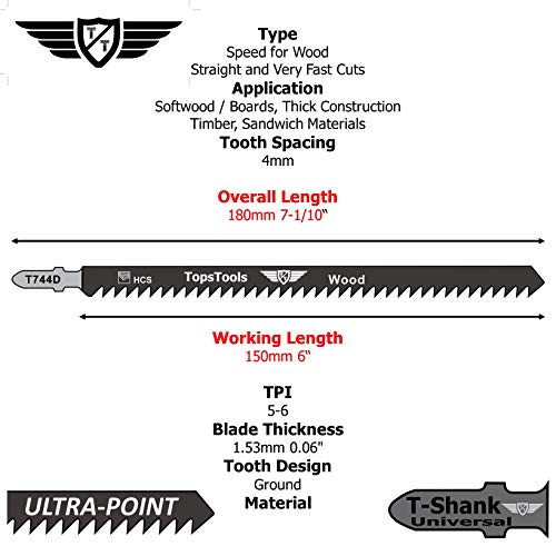 TopsTools JSTT744D T744D - Juego de 5 cuchillas de corte de madera (180 mm de largo, limpias, cortadoras rápidas, compatibles con Bosch, Dewalt, Makita, Milwaukee y muchos más