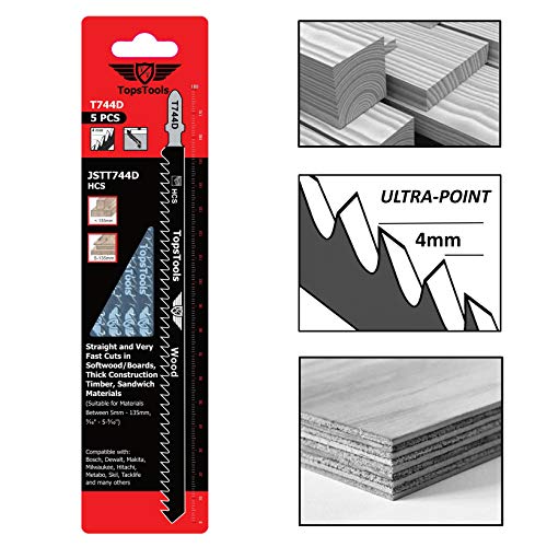 TopsTools JSTT744D T744D - Juego de 5 cuchillas de corte de madera (180 mm de largo, limpias, cortadoras rápidas, compatibles con Bosch, Dewalt, Makita, Milwaukee y muchos más