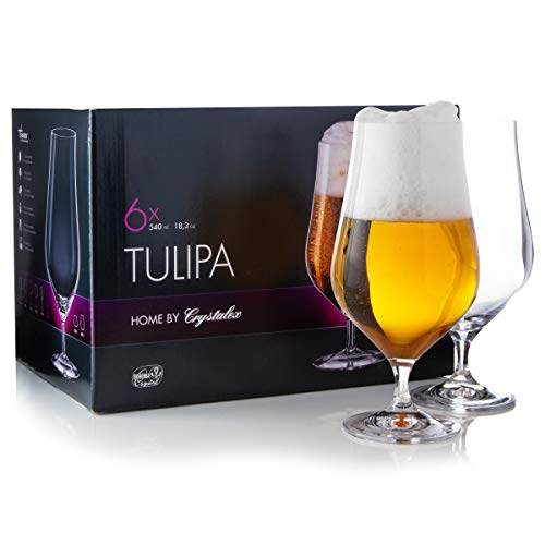 Tulip Pilsner - Juego de 6 vasos de cerveza grandes para beber artesanía, cerveza belga, británica alemana, media pinta, 540 ml, diseño de tulipán