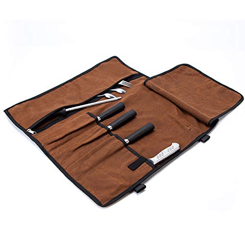 TUYU - Rollo de cuchillo impermeable de lona encerada de 16oz, bolsa de almacenamiento para cuchillos portátil con 4 ranuras, regalo superior con bolsillo con cremallera para cocinar Chef