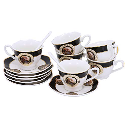 ufengke Juego de 6 Tazas de Café Espresso de Pequeña Capacidad, Juegos de Té de Porcelana con Diseño de Pintura Al Óleo Retro, Juego de Tazas de Té y Platillos, 100 ml - Negro