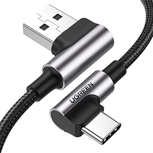 UGREEN Cable USB Tipo C 90 Grados a USB A 2.0 Cable Codo Nylon Trenzado Carga Rápida para Móvil USB C Samsung Note S20 S10 S9 A50 A70 S8, Xiaomi Redmi 9 Note 7 8 Mi 9 Mi A3 A2, BQ Aquaris X, 2 Metros