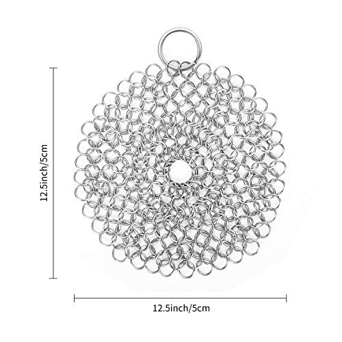 Ulikey Limpiador de Hierro Fundido con Rejilla de Acero Inoxidable, Limpiador de Sartenes, Cepillo Limpieza Cadena Anillo para sartenes o woks y más (Ronda)