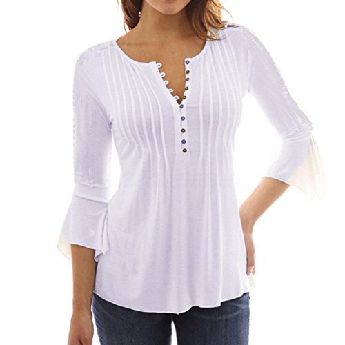 UMIPUBO Mujer Blusa 3/4 Manga Camisas Elegante Camisetas Primavera Verano Cuello en V Tops (XXL, Blanco)