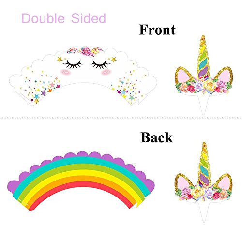 Unicornio Cupcake Topper de Tarta Magdalenas Decoración Cuerno y Orejas Doble Cara envolturas para Niños niñas Regalo Unicornio Decoraciones de Fiesta de cumpleaños (24Pack)