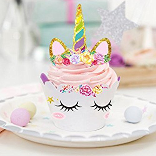 Unicornio Cupcake Topper de Tarta Magdalenas Decoración Cuerno y Orejas Doble Cara envolturas para Niños niñas Regalo Unicornio Decoraciones de Fiesta de cumpleaños (24Pack)