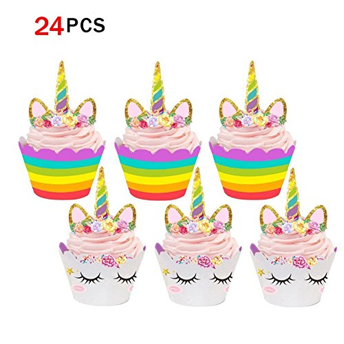 Unicornio Cupcake Topper de Tarta Magdalenas Decoración Cuerno y Orejas Doble Cara envolturas para Niños niñas Regalo Unicornio Decoraciones de Fiesta de cumpleaños (24Pack)