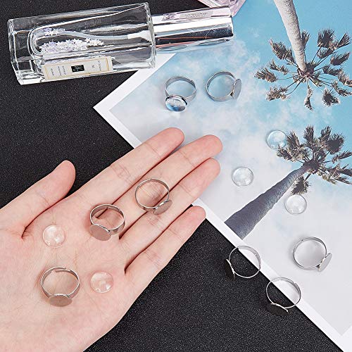 UNICRAFTALE 60pcs Kits de Anillos de Dedo Ajustables, 30 Piezas de Anillos de Dedo de Acero Inoxidable con 30 Piezas de Cabujones de Vidrio (12 mm), Kits de Base de Anillo Redondo Plano