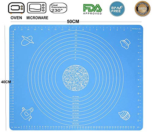 Unique Store 50 x 40cm Tapete de Silicona para Amasar y Hornear Baking Mat con Medidas y 1xRodillo de Amasar, Reutilizable Almohadilla de Silicona para Pasta/Pizza/Torta/Pastel/Galletas/Pan/Fondant