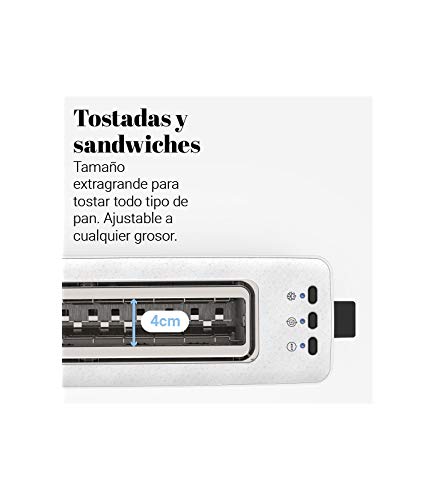 UNIVERSALBLUE | Tostador 1 Ranura Larga | Color Blanco | Potencia 900W | 7 Niveles de Tostado | Función descongelar | Luces indicadoras | con recogemigas