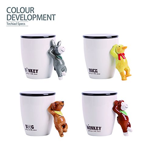 UPSTYLE 3d Cute Cartoon Animal de café de cerámica taza de leche taza de té con tapa y mango de animales tamaño grande 14.8oz (440ml), cerámica, mono, 14.8 oz