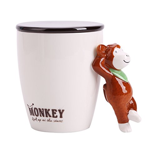 UPSTYLE 3d Cute Cartoon Animal de café de cerámica taza de leche taza de té con tapa y mango de animales tamaño grande 14.8oz (440ml), cerámica, mono, 14.8 oz