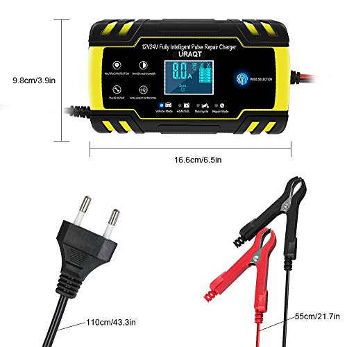 URAQT Cargador Baterias Coches, 8A 12V/24V Mantenimiento Automático e Inteligente Múltiples Protecciones LCD y Botón de la Pantalla Táctil para Automóvile, Motocicleta, ATVs, RVs, Powersports, Barco