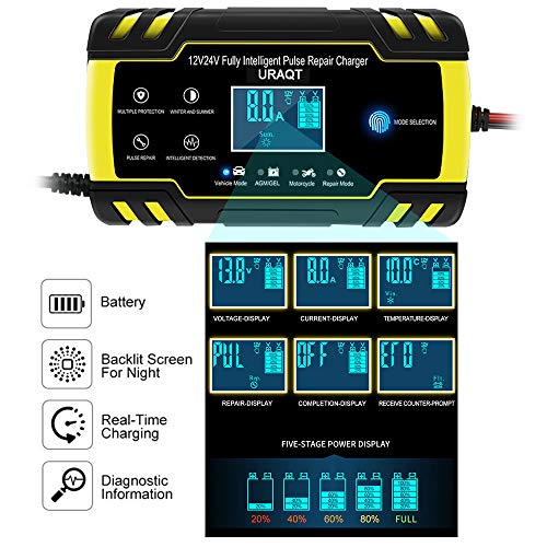 URAQT Cargador Baterias Coches, 8A 12V/24V Mantenimiento Automático e Inteligente Múltiples Protecciones LCD y Botón de la Pantalla Táctil para Automóvile, Motocicleta, ATVs, RVs, Powersports, Barco