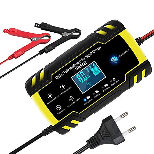 URAQT Cargador Baterias Coches, 8A 12V/24V Mantenimiento Automático e Inteligente Múltiples Protecciones LCD y Botón de la Pantalla Táctil para Automóvile, Motocicleta, ATVs, RVs, Powersports, Barco