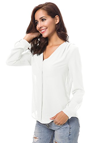 Urban GoCo Blusa de Gasa con Escote en V Mangas Largas y el Dobladillo en el Hombro para Mujeres (M, Blanco)