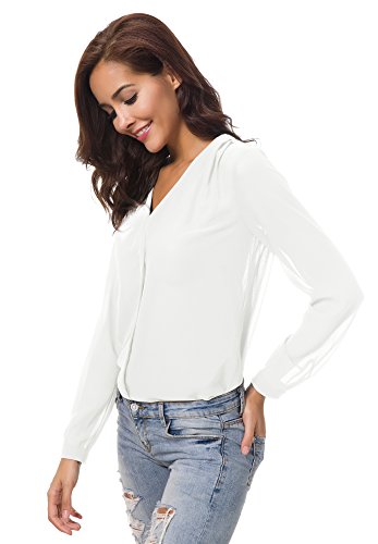 Urban GoCo Blusa de Gasa con Escote en V Mangas Largas y el Dobladillo en el Hombro para Mujeres (M, Blanco)