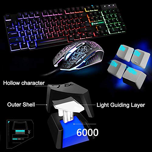 UrChoiceLtd T6 Rainbow retroiluminado USB Gaming Teclado + Rainbow Multimedia óptico de 2400dpi 6 Botones LED USB ratón para juegos + el Lich King Gaming Mouse Pad 220 * 180 * 5 mm Tamaño estándar