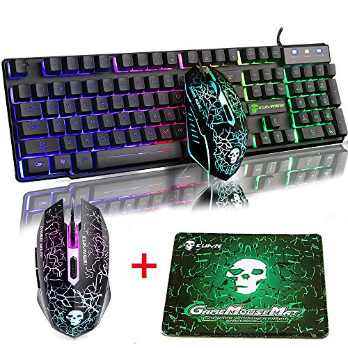 UrChoiceLtd T6 Rainbow retroiluminado USB Gaming Teclado + Rainbow Multimedia óptico de 2400dpi 6 Botones LED USB ratón para juegos + el Lich King Gaming Mouse Pad 220 * 180 * 5 mm Tamaño estándar