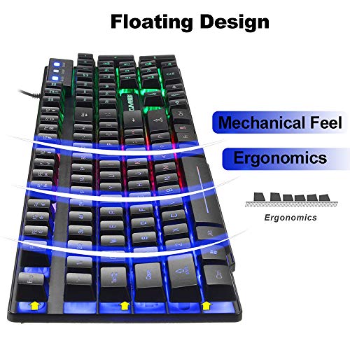 UrChoiceLtd T6 Rainbow retroiluminado USB Gaming Teclado + Rainbow Multimedia óptico de 2400dpi 6 Botones LED USB ratón para juegos + el Lich King Gaming Mouse Pad 220 * 180 * 5 mm Tamaño estándar