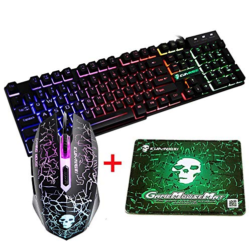 UrChoiceLtd T6 Rainbow retroiluminado USB Gaming Teclado + Rainbow Multimedia óptico de 2400dpi 6 Botones LED USB ratón para juegos + el Lich King Gaming Mouse Pad 220 * 180 * 5 mm Tamaño estándar