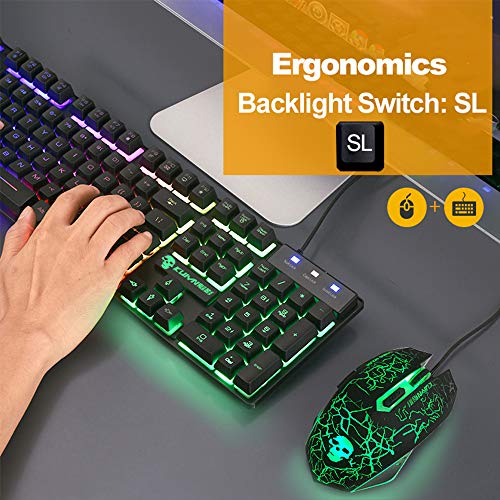 UrChoiceLtd T6 Rainbow retroiluminado USB Gaming Teclado + Rainbow Multimedia óptico de 2400dpi 6 Botones LED USB ratón para juegos + el Lich King Gaming Mouse Pad 220 * 180 * 5 mm Tamaño estándar