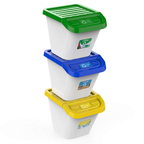 USE FAMILY-Gama Recycle. Cubos de Basura de Reciclaje para Cocina apilables. Juego de 3 contenedores 30L.