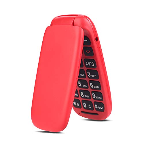Ushining Teléfono Móvil Libre, Teléfono Móvil para Personas Mayores Teclas Grandes con Tapa Pantalla de 1,8 Pulgadas (Dual SIM, Cámara, Bluetooth, Reproductor MP3) - Rojo