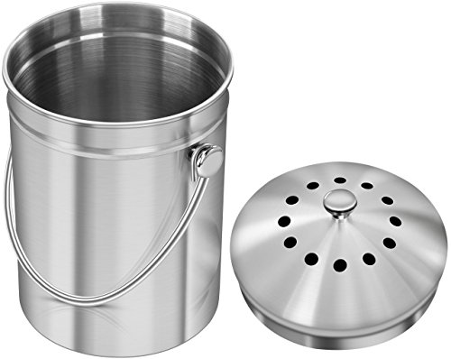 Utopia Kitchen [5 litros Recipiente de compostaje de Acero Inoxidable para encimera de Cocina - Cubeta de compostaje - Incluye 1 Filtro de carbón de Repuesto